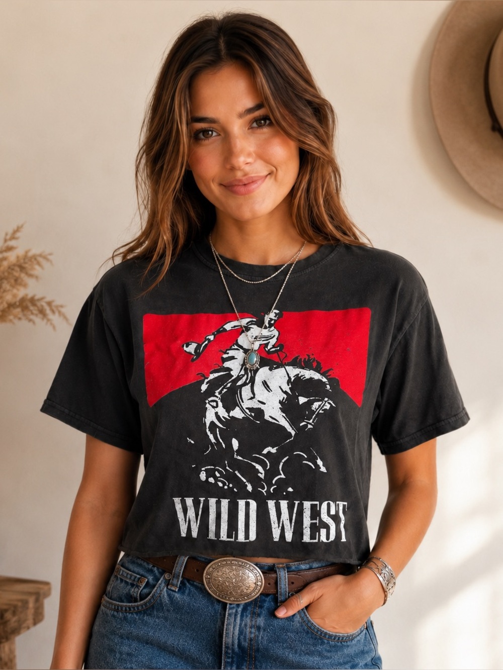Zutter Wild West Cropped Graphic Tee S Black Rodeo Western Cowboy Top